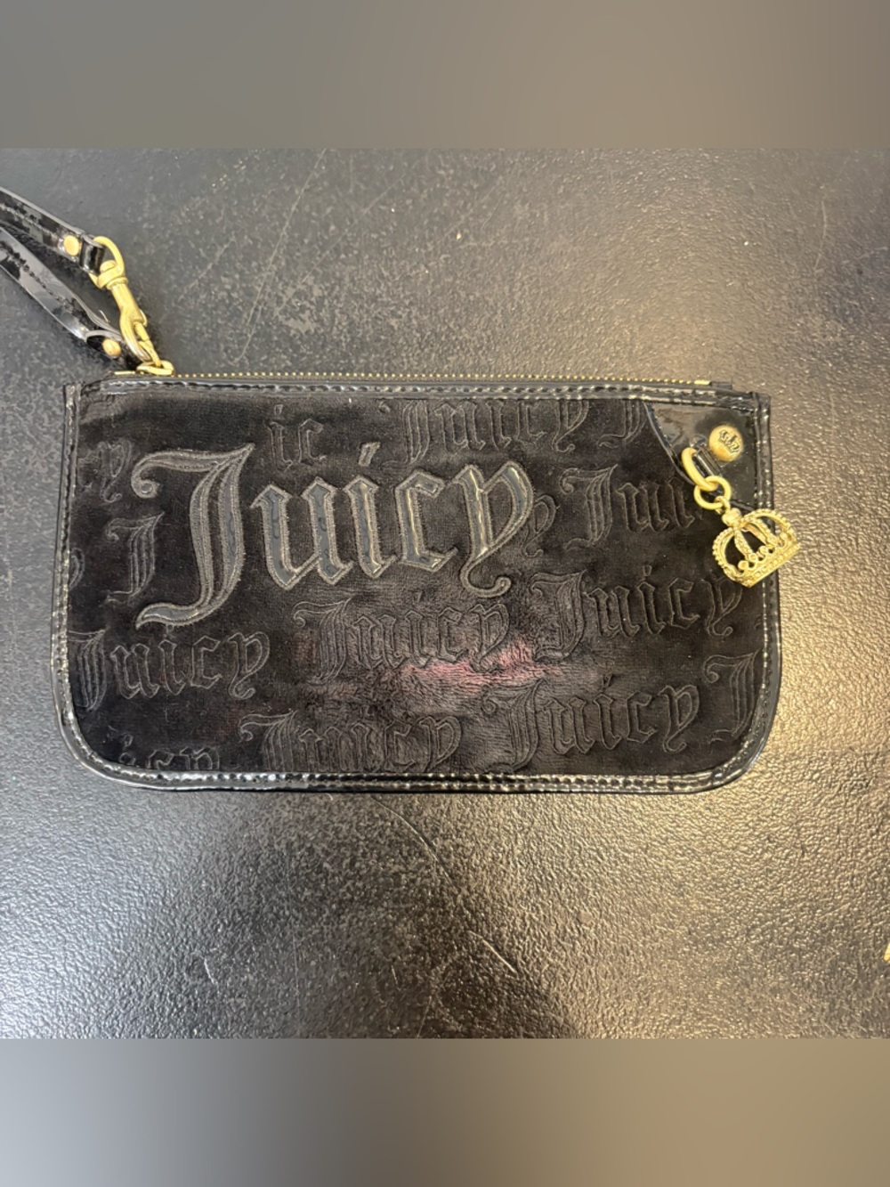 Juicy Couture Black Velvet Wristlet with Gold Crown Charm